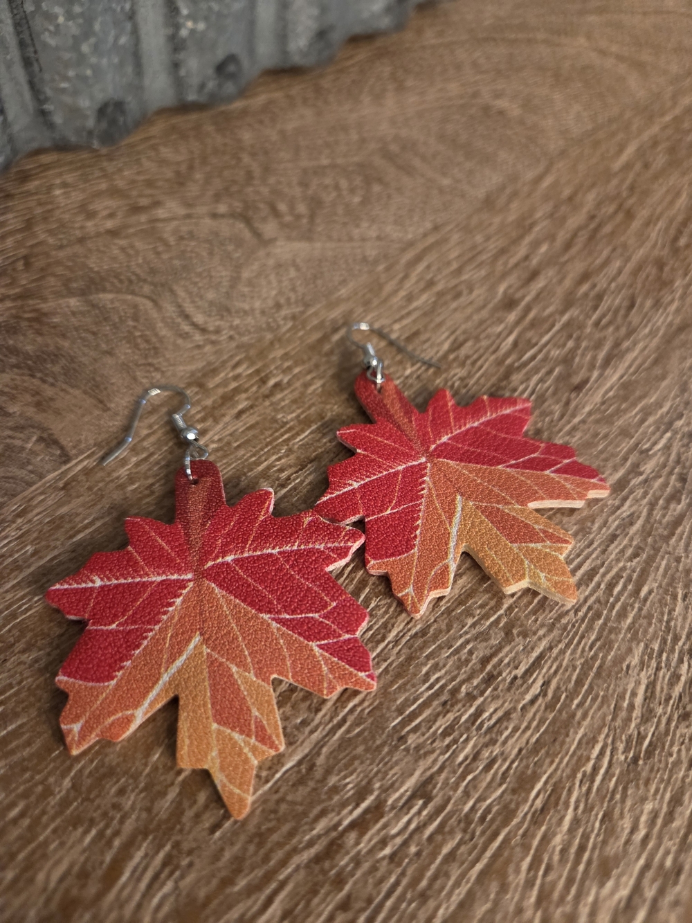 Fall 3in Red-Orange Leaf Earrings by